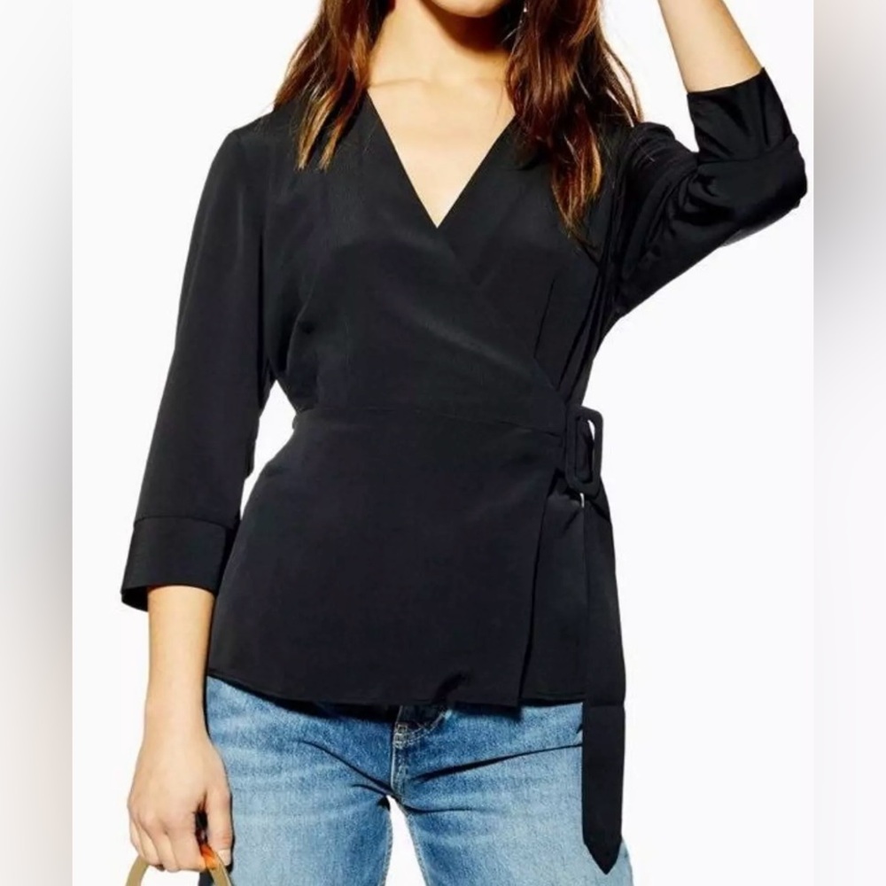 Top shop Black Wrap Blouse Shirt.  Belted with buckle at waist.  Size 4